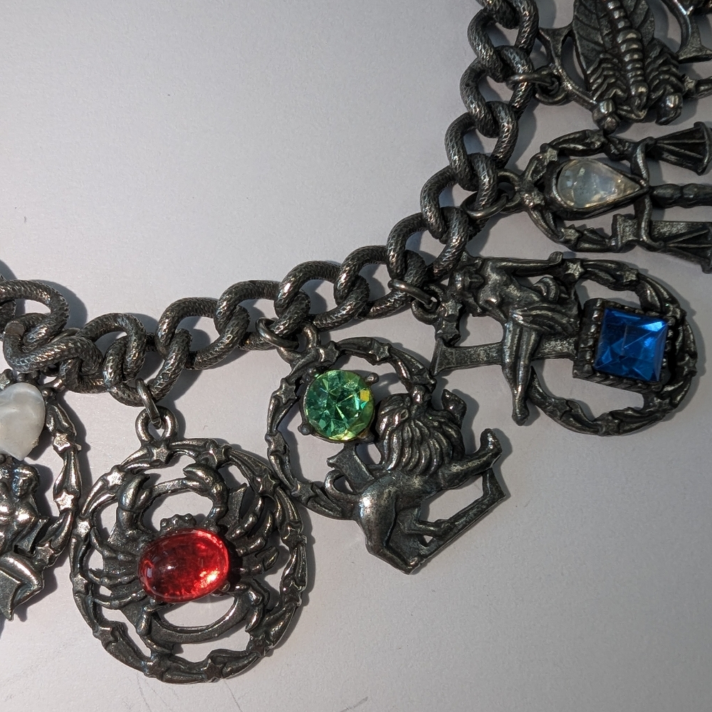 VTG FLORENZA SILVER TONE RHINESTONE ZODIAC CHARM BRACELET HEAVY - Picture 6 of 16